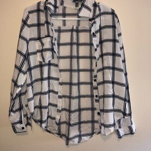 White and navy blue plaid striped blouse